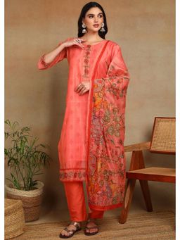 Gahan - Womens Peach Ethnic Motif Printed Kurta with Kantha Sequin Work Pant and Dupatta