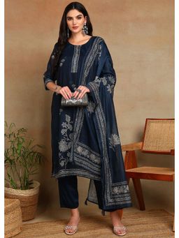 Gahan - Womens Navy-Blue Motif Printed Kurta with Kantha Sequin Work Pant and Dupatta