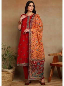 Gahan - Womens Red Ethnic Motif Printed Kurta with Kantha Sequin Work Pant and Dupatta