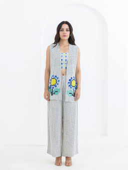 POOJA RAJGARHIA GUPTA - White Grid Sunflower Jacket With Bustier And Pant (Set of 3)