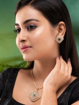 Saraf RS Jewellery - Gold Toned Green Ad Embellished Designer Pendant Jewellery (Set Of 3)