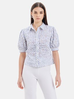 Kazo - Layla Ruched Placket Puff Sleeves Shirt