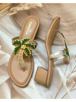Toprico - Tropical Beads Embroidered Block Tan Sandal Heels