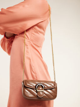Twenty Dresses by Nykaa Fashion - Brown Quilted Buckled Sling Bag