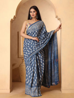 Mayurie - Rosy Indigo Dabu Print Cotton Saree with Unstitched Blouse