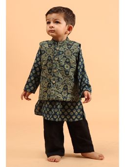 Tjori - Boys Multi-Color Cotton Kurta and Pyjama with Nehru Jacket (Set of 3)