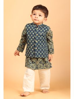 Tjori - Boys Multi-Color Cotton Kurta and Pyjama with Nehru Jacket (Set of 3)