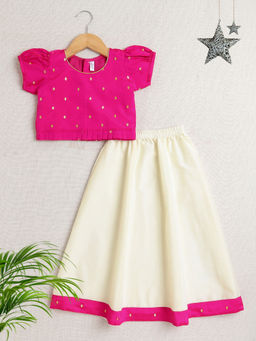 The Magic Wand - Fuchsia Pink Puff Sleeves Foil Printed Blouse and Lehenga (Set of 2)