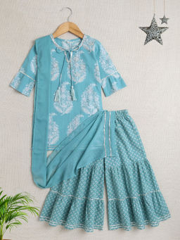 The Magic Wand - Girls Blue Floral Print Kurta with Sharara and Dupatta (Set of 3)