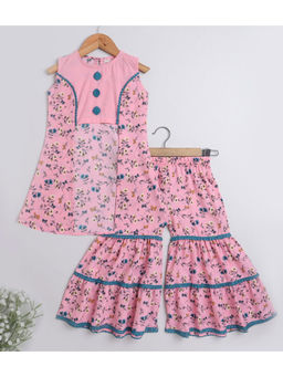 The Magic Wand - Pink Floral Printed Sleeveless Kurta and Sharara (Set of 2)