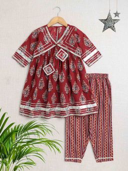 The Magic Wand - Maroon Cotton Floral Printed & Gota Aliya Cut Kurta with Pant (Set of 2)