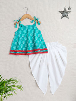 The Magic Wand - Girls Blue All Over Print Kurta and Dhoti (Set of 2)