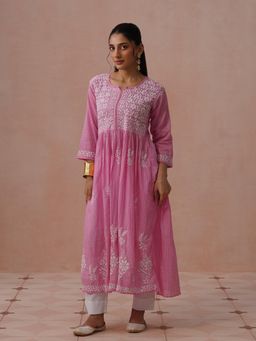 House of Chikankari - Pink Mulmul Embroidered Kurta