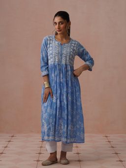 House of Chikankari - Blue Mulmul Embroidered Kurta