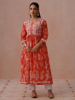 House of Chikankari - Orange Mulmul Embroidered Kurta