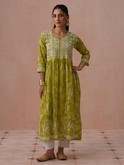 House of Chikankari - Green Mulmul Embroidered Kurta