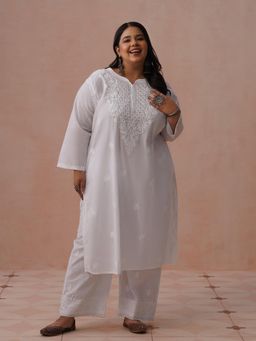 House of Chikankari - White Pure Cotton Embroidered Kurta