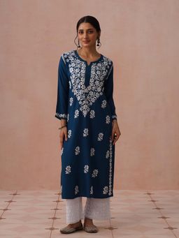 House of Chikankari - Teal Rayon Embroidered Kurta