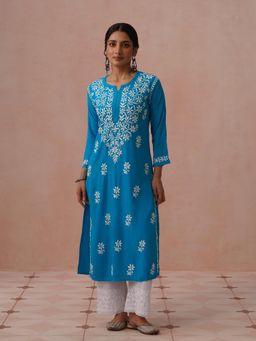 House of Chikankari - Blue Rayon Embroidered Kurta