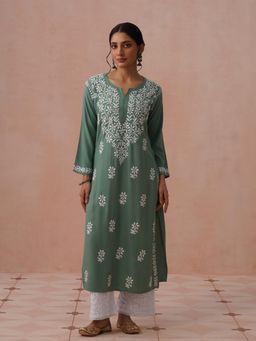 House of Chikankari - Green Rayon Embroidered Kurta
