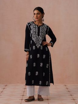House of Chikankari - Black Rayon Embroidered Kurta
