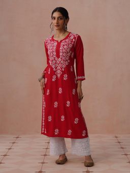 House of Chikankari - Red Cotton Embroidered Kurta