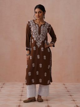 House of Chikankari - Brown Rayon Embroidered Kurta