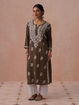 House of Chikankari - Brown Rayon Embroidered Kurta