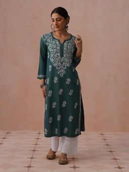 House of Chikankari - Green Rayon Embroidered Kurta