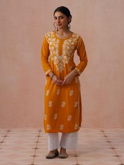 House of Chikankari - Mustard Rayon Embroidered Kurta
