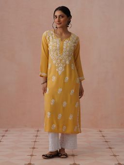 House of Chikankari - Yellow Rayon Embroidered Kurta