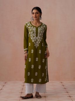 House of Chikankari - Olive Rayon Embroidered Kurta