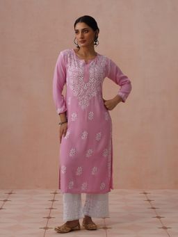 House of Chikankari - Peach Rayon Embroidered Kurta