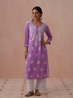 House of Chikankari - Lavender Rayon Embroidered Kurta