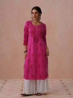 House of Chikankari - Pink Rayon Embroidered Kurta