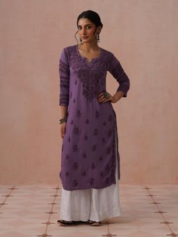 House of Chikankari - Mauve Rayon Embroidered Kurta