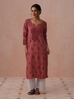 House of Chikankari - Peach Rayon Embroidered Kurta