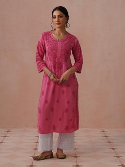House of Chikankari - Pink Rayon Embroidered Kurta