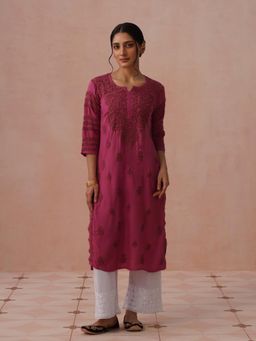 House of Chikankari - Pink Rayon Embroidered Kurta