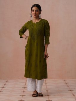 House of Chikankari - Olive Rayon Embroidered Kurta