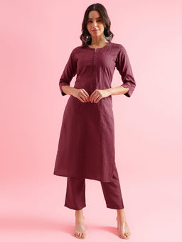 Shaily - Womens Wine Self Design Straight Kurta with Trouser (Set of 2)