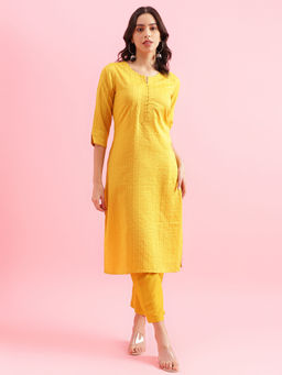 Shaily - Womens Yellow Self Design Straight Kurta with Trouser (Set of 2)