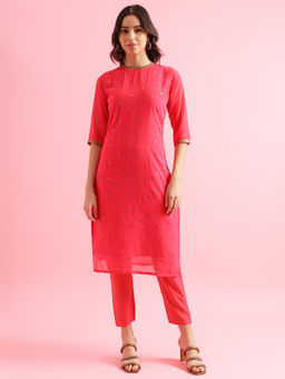 Shaily - Womens Peach Embroidered & Sequinned Straight Kurta with Trouser (Set of 2)