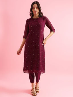 Shaily - Womens Purple Embroidered & Sequinned Straight Kurta with Trouser (Set of 2)