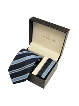 The Tie Hub - Men Navy Blue Microfibre Stripes Neck Tie with Pocket Square (Set of 2)