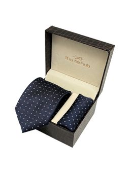 The Tie Hub - Men Navy Blue Microfibre Polka Dots Neck Tie with Pocket Square (Set of 2)