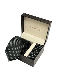 The Tie Hub - Men Black Microfibre Geometric Neck Tie with Pocket Square (Set of 2)