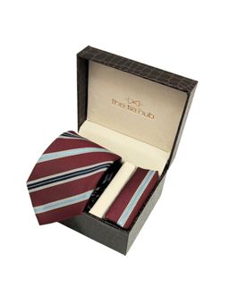 The Tie Hub - Men Burgundy Microfibre Stripes Neck Tie with Pocket Square (Set of 2)