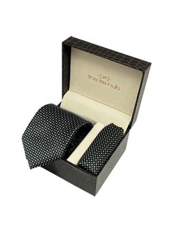 The Tie Hub - Men Black Microfibre Geometric Neck Tie with Pocket Square (Set of 2)