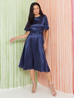 Styli - Blue Short Sleeves Round Neck Plain Midi Dress